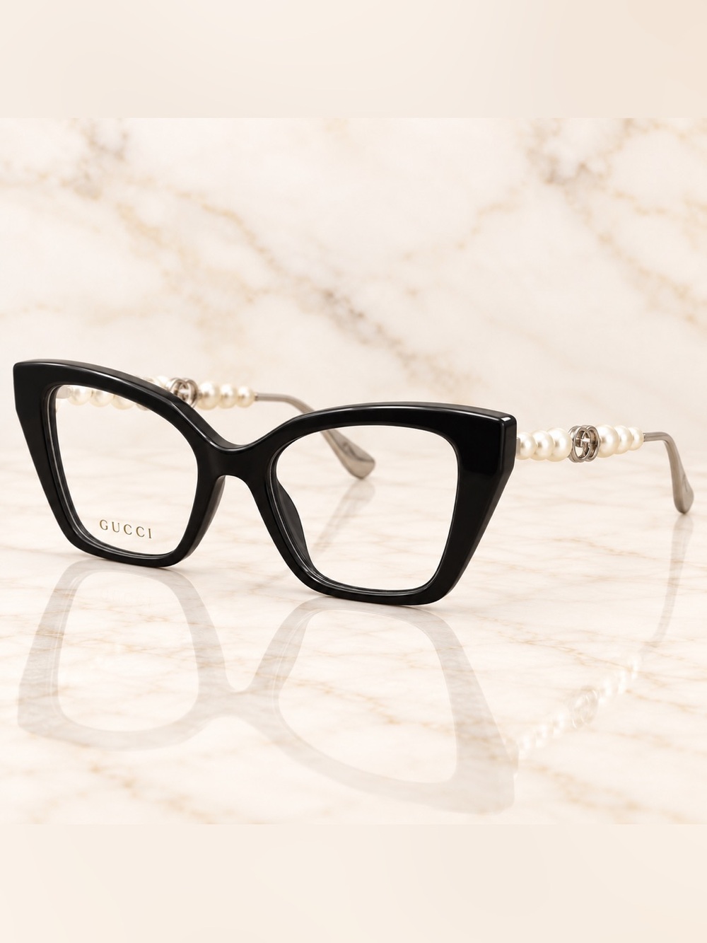 Gucci Black Cat-Eye Glasses with Silver Pearl-Embellished Temples